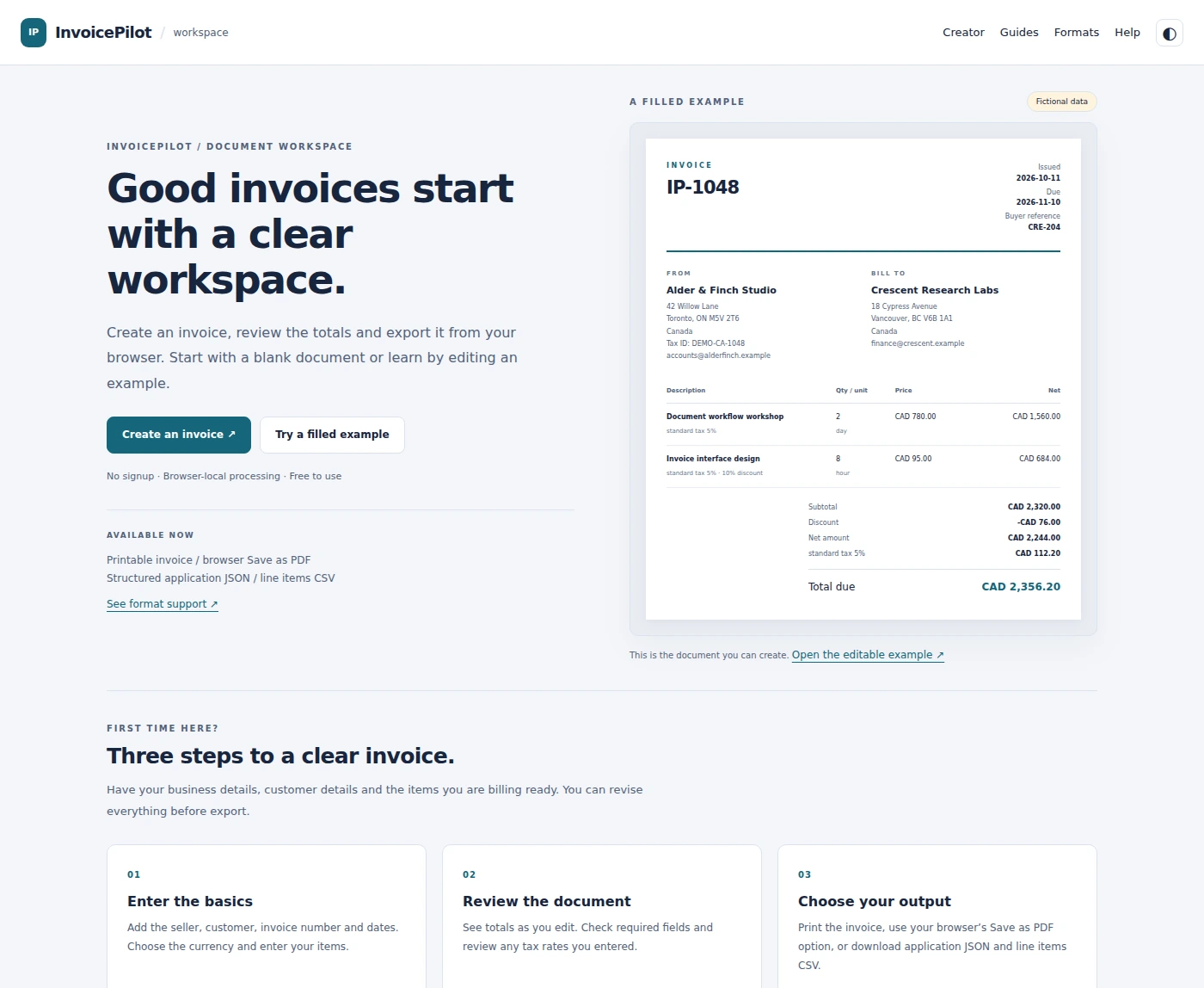 InvoicePilot template homepage screenshot