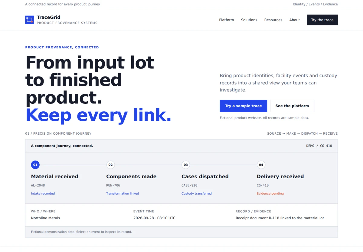 TraceGrid template homepage screenshot